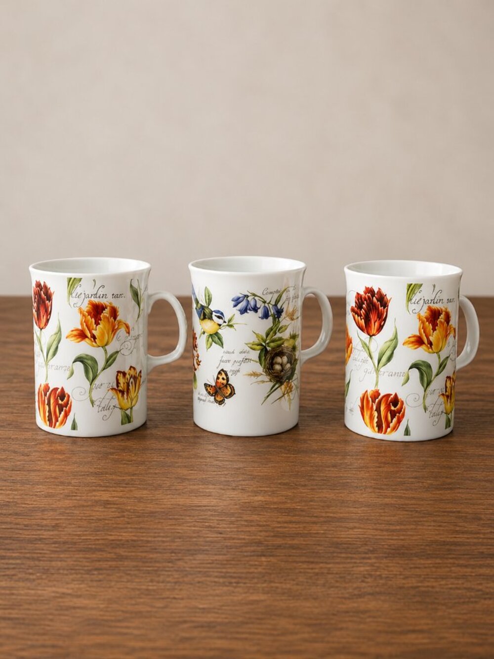 Rose of England Fine Bone China Botanical Mugs Birds Floral Set of 3 UK